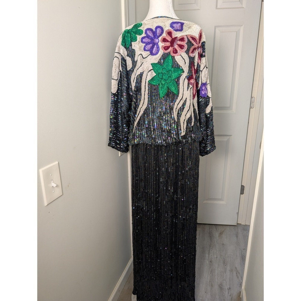 Vintage Hand Beaded Sequin 100% Silk Floral Judith Ann Creations Blouse Skirt L